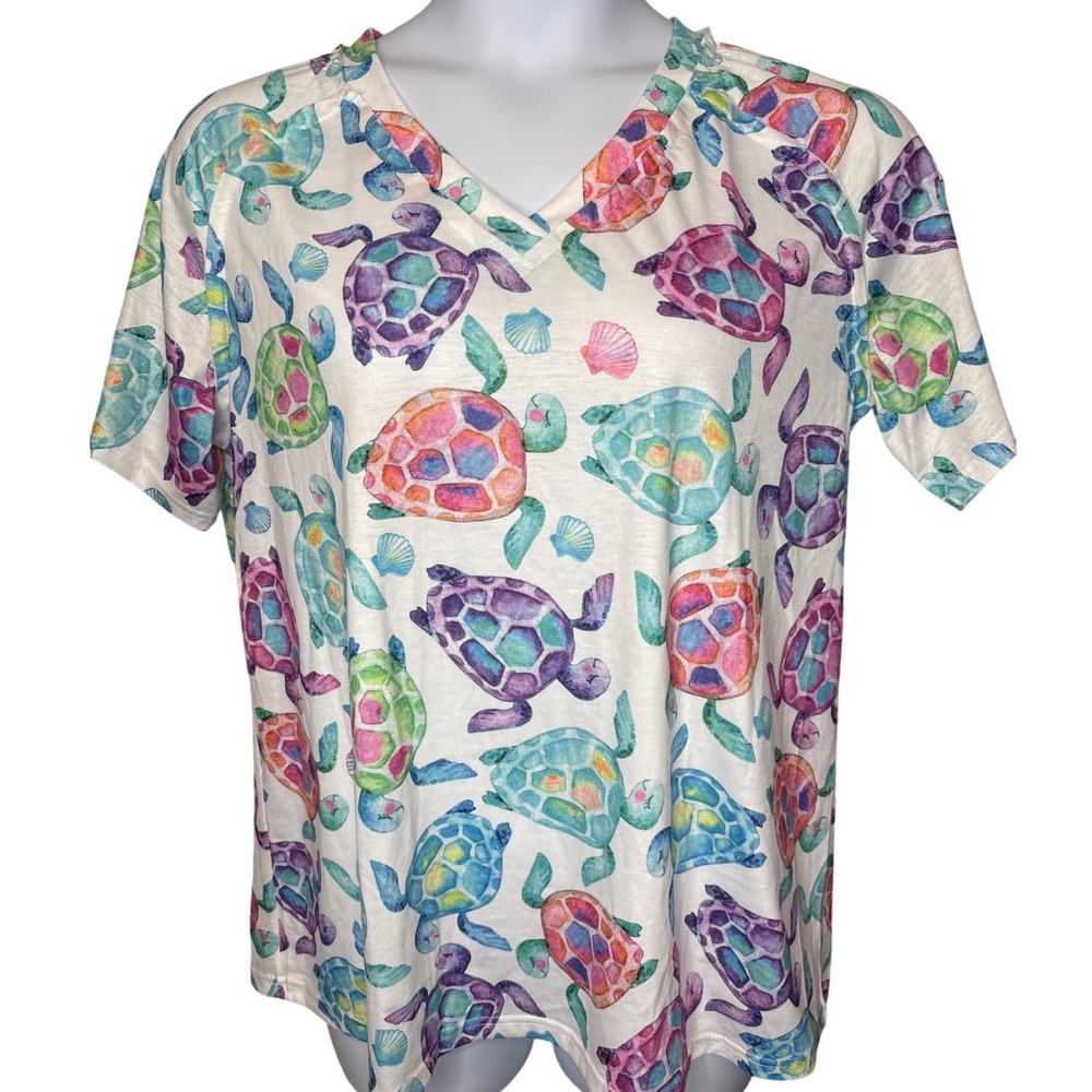 Womens White Multicolor Turtle Print T-Shirt Sz 3XL (1X) Beachy Tropical Ocean
